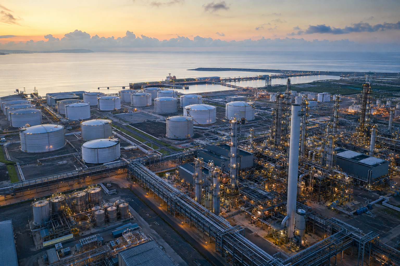 Petroleum storage and industrial facilities at a coastal terminal